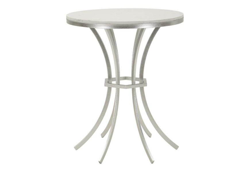 Mramorový príručný stolík Florenzo s bielou okrúhlou mramorovou doskou so sivými žilkami a striebornou kovovou konštrukciou s vytočenými nohami a šesťuholníkovou spojnicou