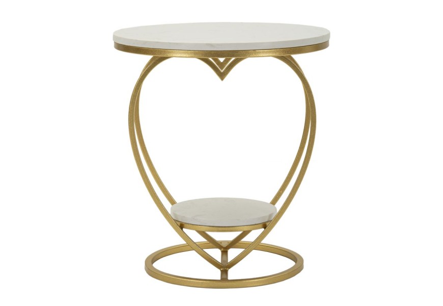 Dizajnový príručný mramorový okrúhly stolík Amorattia v tvare srdca so zlatou kovovou konštrukciou a dvoma bielymi okrúhlymi mramorovými doskami so sivými žilkami a kruhovou podstavou a policou