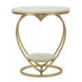Dizajnový príručný mramorový okrúhly stolík Amorattia v tvare srdca so zlatou kovovou konštrukciou a dvoma bielymi okrúhlymi mramorovými doskami so sivými žilkami a kruhovou podstavou a policou