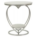 Dizajnový príručný okrúhly stolík Amorattia s okrúhlou bielou mramorovou doskou a striebornou kovovou konštrukciou v tvare srdca s podstavou s policou
