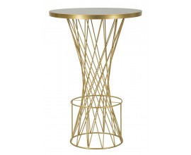 Glamour barový stôl Sorelia so zlatou kovovou podnožou s kosoštvorcovým vzorom a čiernou okrúhlou sklenenou doskou so spevneným jadrom