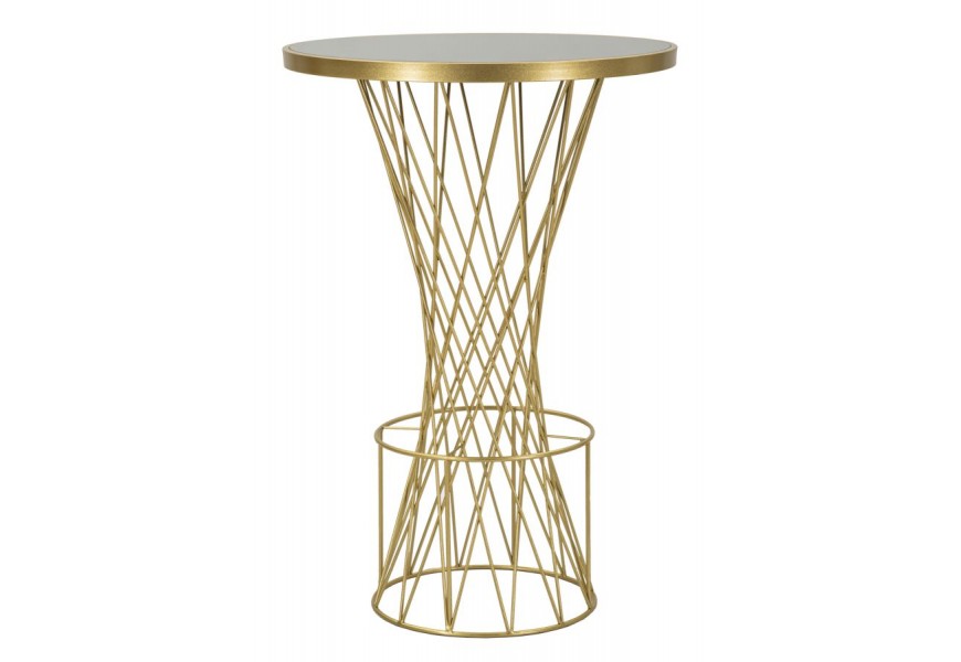 Glamour barový stôl Sorelia so zlatou kovovou podnožou s kosoštvorcovým vzorom a čiernou okrúhlou sklenenou doskou so spevneným jadrom