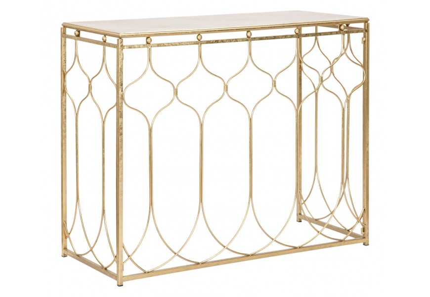 Glamour zlatý konzolový stolík Elhar s obdĺžnikovou konštrukciou s orientálnym kovovým vzorom a dekoratívnymi detailmi