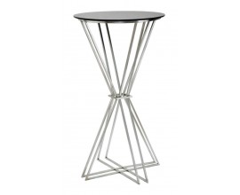 Moderný art deco kovový okrúhly strieborný barový stôl Virello v tvare presýpacích hodín s čiernou sklenenou doskou 105 cm