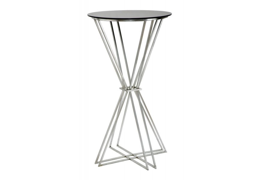 Glamour barový stôl Virello s čiernou jemne priehľadnou sklenenou okrúhlou doskou a striebornou geometrickou konštrukciou z kovových tyčí v tvare presýpacích hodín