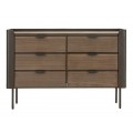 Industriálna obdĺžniková hnedá drevená komoda Lavient s kovovou konštrukciou so šiestimi zásuvkami a zaoblenými hranami 129 cm