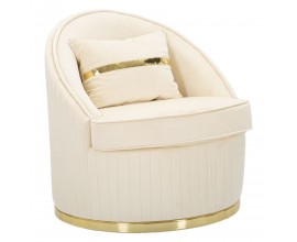 Štýlové art deco okrúhle krémové zamatové kreslo Bellaria so zlatými detailmi a vertikálnym prešívaním 80 cm