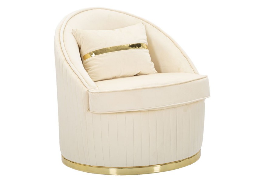 Glamour kreslo Bellaria v okrúhlom tvare s krémovým zamatovým poťahom zlatým podstavcom a operadlom s vertikálnym prešívaním