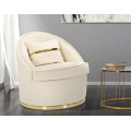 Štýlové art deco okrúhle krémové zamatové kreslo Bellaria so zlatými detailmi a vertikálnym prešívaním 80 cm