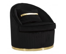 Štýlové art deco čierne okrúhle zamatové kreslo Bellaria so zlatými detailmi a štvorcovým vankúšom 80 cm