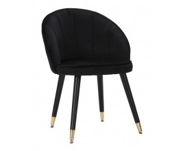 Štýlová art deco čierna zamatová jedálenská stolička Elveria s oblým operadlom a čiernymi nožičkami so zlatým detailom 80 cm