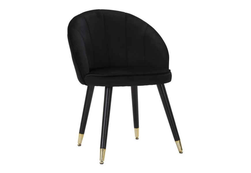 Štýlová art deco čierna zamatová jedálenská stolička Elveria s oblým operadlom a čiernymi nožičkami so zlatým detailom 80 cm