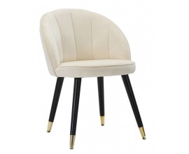 Glamour  konzolová stolička Elveria v krémovom zamate s čiernymi drevenými nohami a zlatým zakončením s oblou opierkou a prešívaním