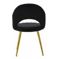 Štýlová art deco čierna čalúnená jedálenská stolička Celistia so zlatými kovovými nožičkami a vykrojeným operadlom 78 cm