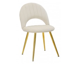 Art deco krémová jedálenská stolička Celistia s kovovými zlatými nožičkami a oblou opierkou s výrezom so zamatovým prešívaním a čalúnením