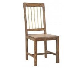 Dizajnová masívna hnedá jedálenská stolička Saanvi zo sheeshamového dreva so zlatým kovovým akcentom na opierke 100 cm