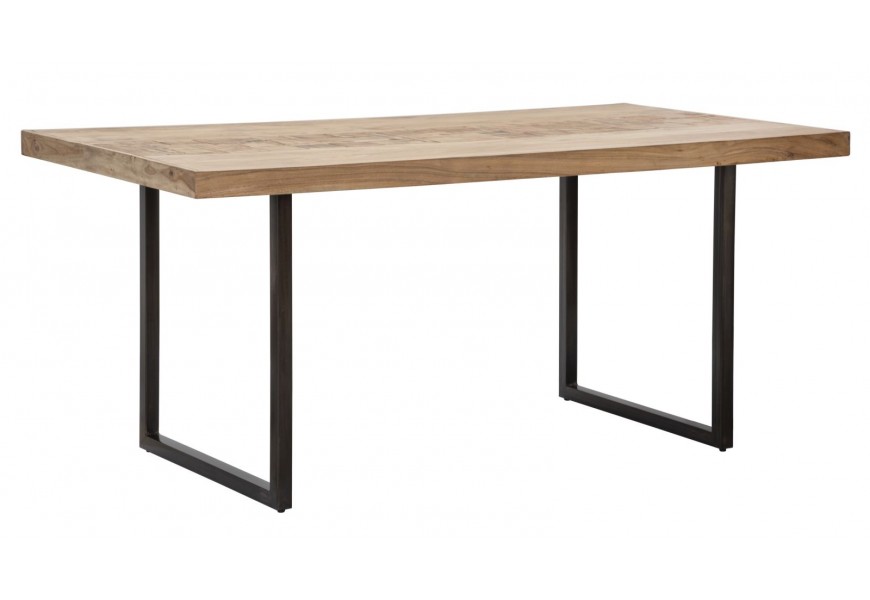 Dizajnový moderný masívny jedálenský stôl Cubilio s obdĺžnikovou vrchnou doskou s geometrickou mozaikou zo svetlého hnedého akáciového dreva s dvomi nožičkami v tvare U z kovu v čiernej farbe