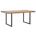 Dizajnový moderný masívny jedálenský stôl Cubilio s obdĺžnikovou vrchnou doskou s geometrickou mozaikou zo svetlého hnedého akáciového dreva s dvomi nožičkami v tvare U z kovu v čiernej farbe