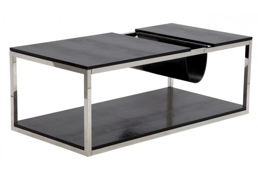Moderný kožený konferenčný stolík Aires s obdĺžnikovou vrchnou doskou s vreckom na časopisy a policou s poťahom z ekokože s krokodílím vzorom v čiernej farbe s kovovou konštrukciou v striebornej farbe