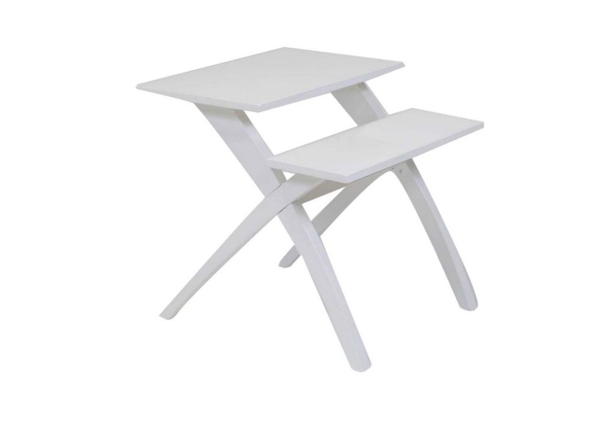 Moderný lesklý biely príručný stolík Scala s dvomi obdĺžnikovými vrchnými doskami na dvoch úrovniach s oblúkovými prekríženými nohami na bočných stranách