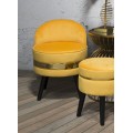 Dizajnové art deco okrúhle kreslo Laurentia s nízkou opierkou so žltým zamatovým poťahom a zlatým detailom 62 cm