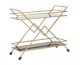 Dizajnový glamour čierno zlatý servírovací vozík Triangolo Oro s dvomi obdĺžnikovými policami zo skla s konštrukciou z kovu v zlatej farbe s geometrickým motívom trojuholníkov