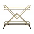 Dizajnový art deco servírovací vozík Triangolo Oro s dvomi čiernymi sklenenými policami a zlatou kovovou konštrukciou 90 cm