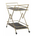 Dizajnový art deco servírovací vozík Triangolo Oro s dvomi čiernymi sklenenými policami a zlatou kovovou konštrukciou 90 cm