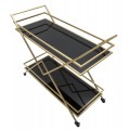 Dizajnový art deco servírovací vozík Triangolo Oro s dvomi čiernymi sklenenými policami a zlatou kovovou konštrukciou 90 cm