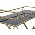 Dizajnový art deco servírovací vozík Triangolo Oro s dvomi čiernymi sklenenými policami a zlatou kovovou konštrukciou 90 cm