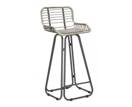 Industriálna vintage kovová barová stolička Shawn s opierkou  so štyrmi nohami v tmavej sivej farbe a mriežkovanou sedacou časťou so svetlým náterom s patinou s dizajnom hrdze