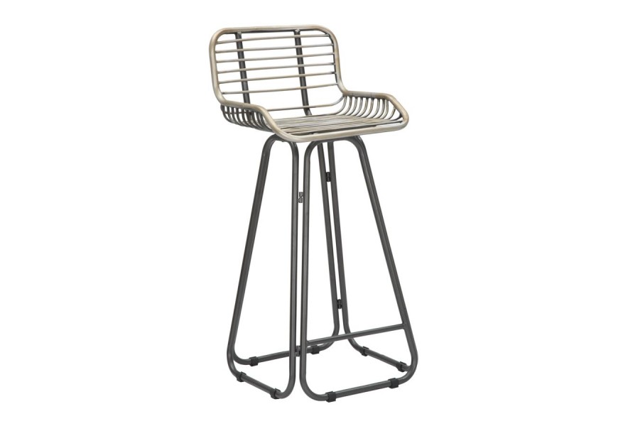 Industriálna vintage kovová barová stolička Shawn s opierkou  so štyrmi nohami v tmavej sivej farbe a mriežkovanou sedacou časťou so svetlým náterom s patinou s dizajnom hrdze