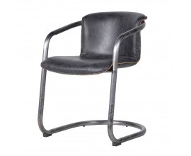 Dizajnová industriálna kožená konzolová jedálenská stolička Slayton s kovovou konštrukciou v sivej farbe so starožitným efektom zámerného zostarnutia s poťahom z pravej kože v čiernej farbe