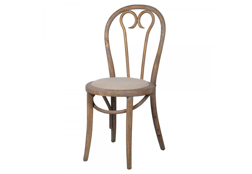 Dizajnová vidiecka hnedá jedálenská stolička Loovie s okrúhlym sedadlom s čalúnením v béžovej farbe s textilným poťahom s výrazným tkaním s drevenou konštrukciou z masívneho dreva s vintage efektom vymytého náteru s ohýbanou opierkou