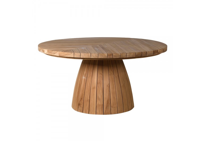 Luxusný masívny jedálenský stôl Armand s okrúhlou vrchnou doskou a jednou mohutnou nohou v svetlej hnedej farbe teakového dreva s dizajnom parkiet s vintage efektom vymytého náteru