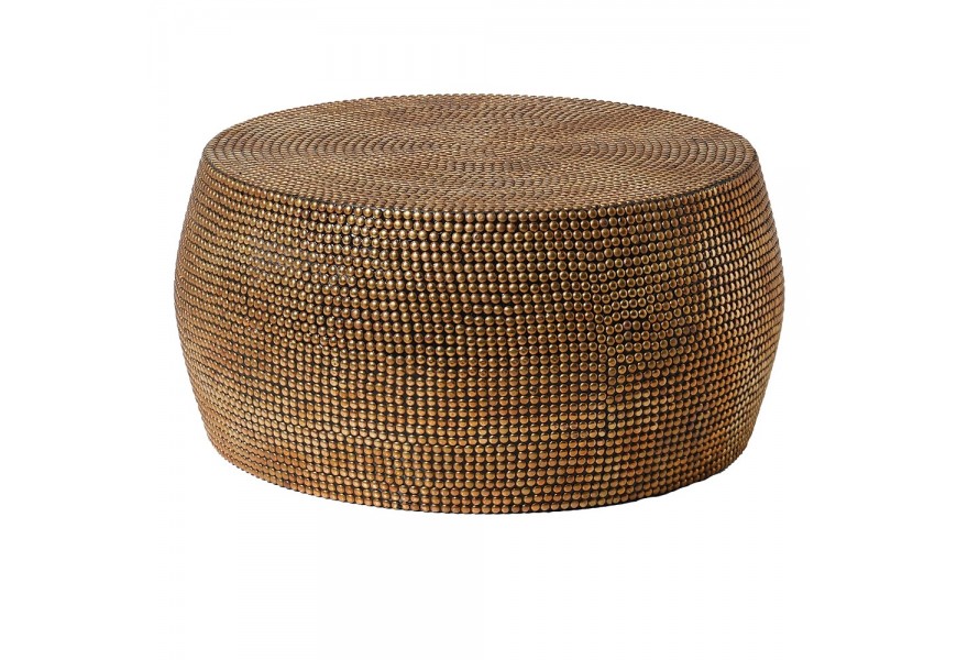 Glamour dizajnový stolík Bellaro v bronzovej farbe z kovu v okrúhlom tvare a povrchom tvoreným z vybíjaných nitov s oblými hranami