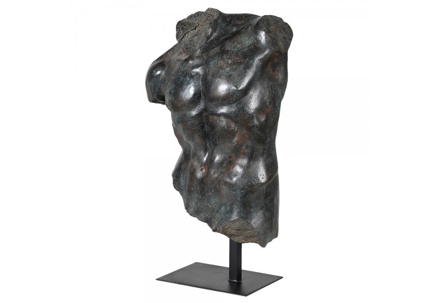 Antická umelecká dekorácia Manirus s realistickým torzom mužského tela v bronzovo čiernych tónoch so svalnatým tvarovaním a matnou kovovou podstavou v obdĺžnikovom tvare