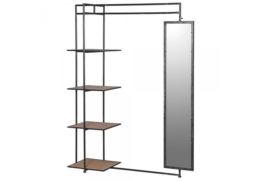 Moderný regál Raxon s kovovým čiernym rámom so štyrmi hnedými drevenými policami a otočným zrkadlom