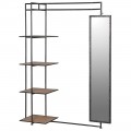Moderný regál Raxon s kovovým čiernym rámom so štyrmi hnedými drevenými policami a otočným zrkadlom
