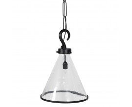 Dizajnová sklenená závesná lampa Olonnais s priehľadným tienidlom kužeľovitého tvaru s kovovým lemovaním a závesným mechanizmom s dizajnom háku na retiazke v čiernej farbe z kovu