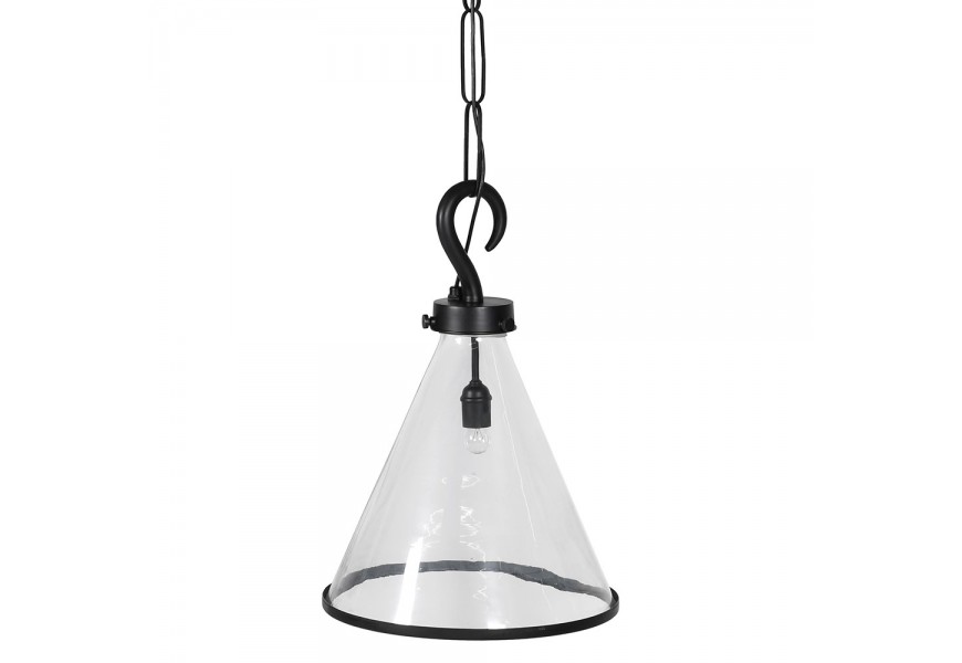 Dizajnová sklenená závesná lampa Olonnais s priehľadným tienidlom kužeľovitého tvaru s kovovým lemovaním a závesným mechanizmom s dizajnom háku na retiazke v čiernej farbe z kovu