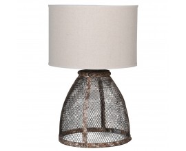 Dizajnová vintage stolná lampa Crowy s nohou z tmavého kovu s hnedou hrdzavou patinou s mriežkovanou výplňou a okrúhlym textilným tienidlom s prímesou ľanu v bielej farbe