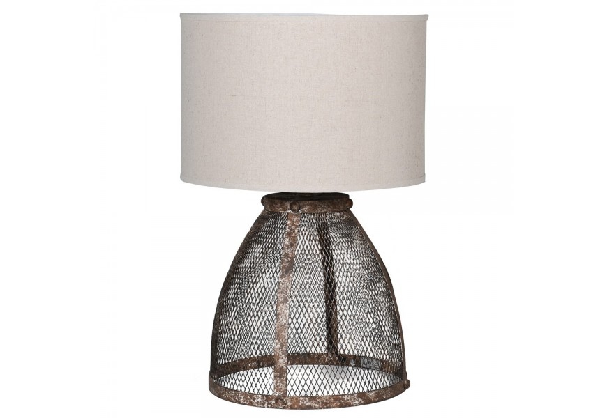 Dizajnová vintage stolná lampa Crowy s nohou z tmavého kovu s hnedou hrdzavou patinou s mriežkovanou výplňou a okrúhlym textilným tienidlom s prímesou ľanu v bielej farbe