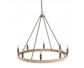 Luxusný dizajnový luster Corinth s okrúhlou konštrukciou s naturálnym ľanovým detailom v béžovej farbe s vidieckym nádychom s ôsmimi ramenami s úchytkami na žiarovky na retiazke v mosadznej lesklej farbe