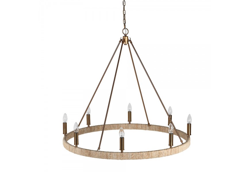 Luxusný dizajnový luster Corinth s okrúhlou konštrukciou s naturálnym ľanovým detailom v béžovej farbe s vidieckym nádychom s ôsmimi ramenami s úchytkami na žiarovky na retiazke v mosadznej lesklej farbe