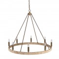 Luxusný dizajnový luster Corinth s okrúhlou konštrukciou s naturálnym ľanovým detailom v béžovej farbe s vidieckym nádychom s ôsmimi ramenami s úchytkami na žiarovky na retiazke v mosadznej lesklej farbe