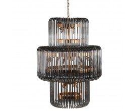 Luxusný moderný glamour okrúhly luster Fumié s tienidlom z ohýbaného skla s lineárnym dizajnom s tromi úrovňami v sivej farbe a konštrukciou z kovu v zlatej farbe s úchytkami na 20 žiaroviek