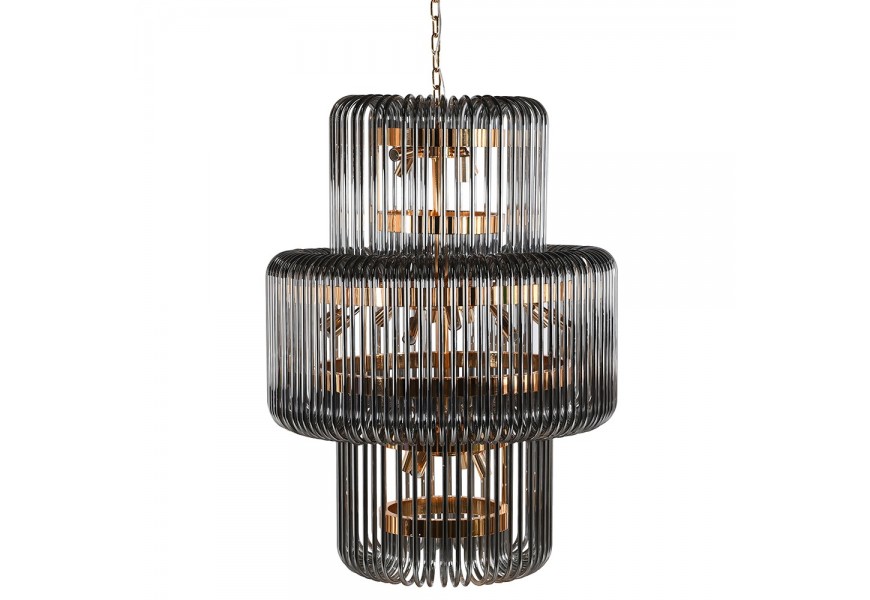 Luxusný moderný glamour okrúhly luster Fumié s tienidlom z ohýbaného skla s lineárnym dizajnom s tromi úrovňami v sivej farbe a konštrukciou z kovu v zlatej farbe s úchytkami na 20 žiaroviek