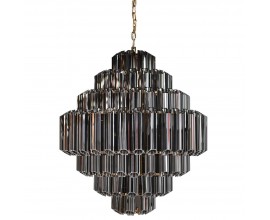 Luxusný art deco čierny sklenený luster Nocco s tienidlom zo sklených trubíc so siedmimi úrovňami a kovovou konštrukciou v zlatej farbe na retiazke