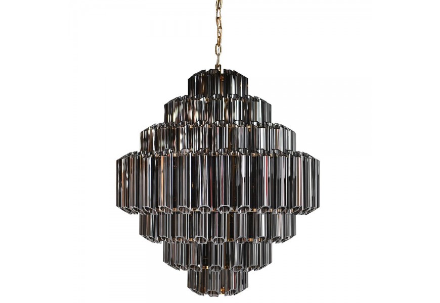 Luxusný art deco čierny sklenený luster Nocco s tienidlom zo sklených trubíc so siedmimi úrovňami a kovovou konštrukciou v zlatej farbe na retiazke